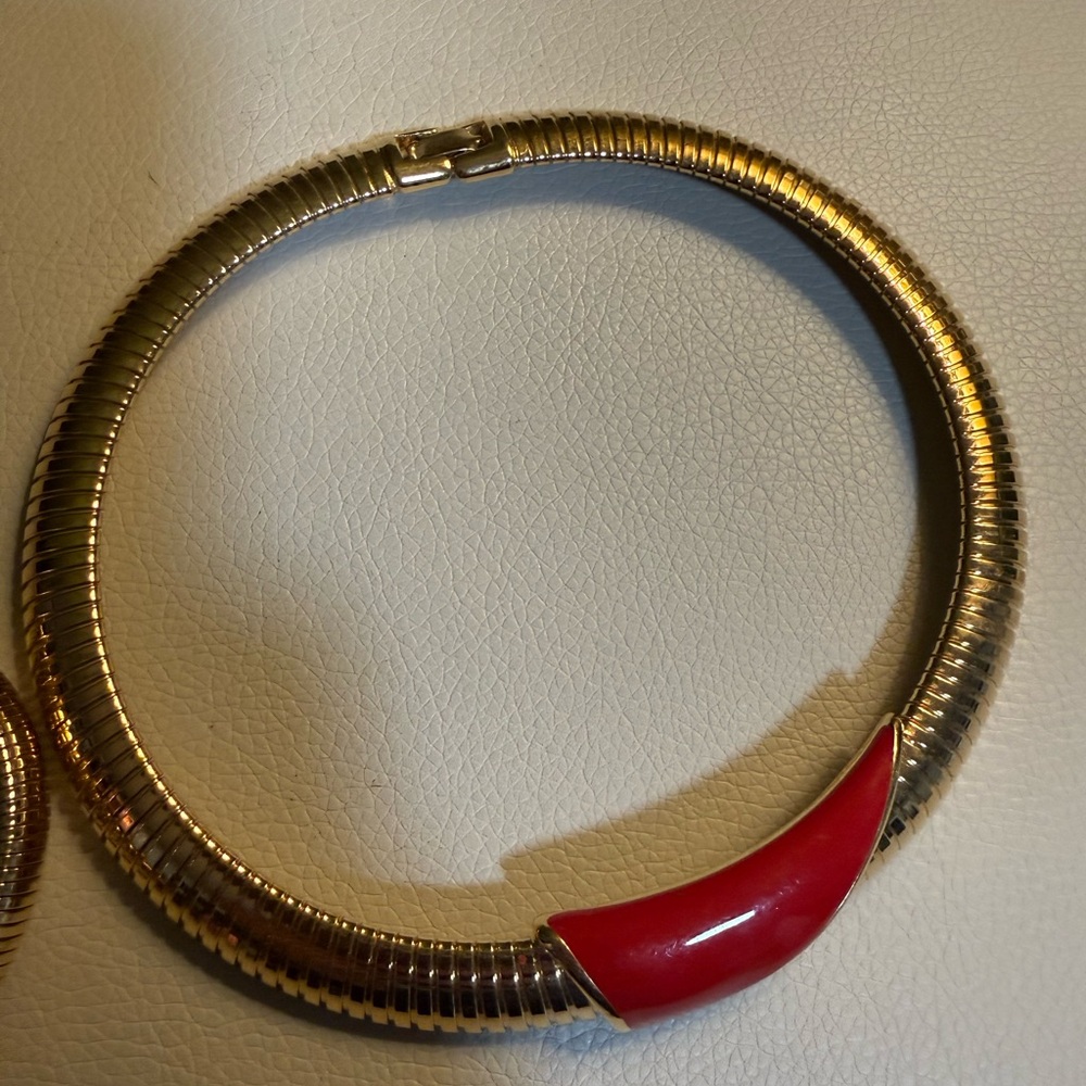 Vintage Gold-Tone Necklace & Bracelet Set with Red Enamel Accents - Picture 3 of 6